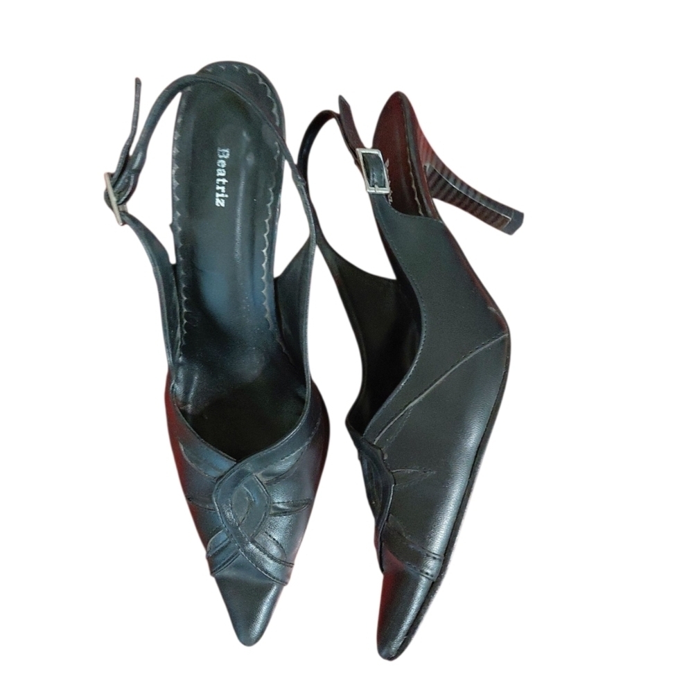 Anthropologie Beatriz Black Leather Pointed Toe Sling Back Heels Size 6